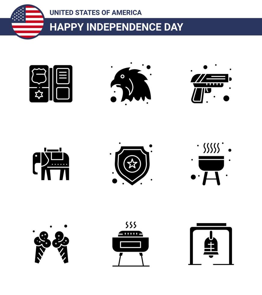 Group of 9 Solid Glyphs Set for Independence day of United States of America such as sign police security shield american Editable USA Day Vector Design Elements