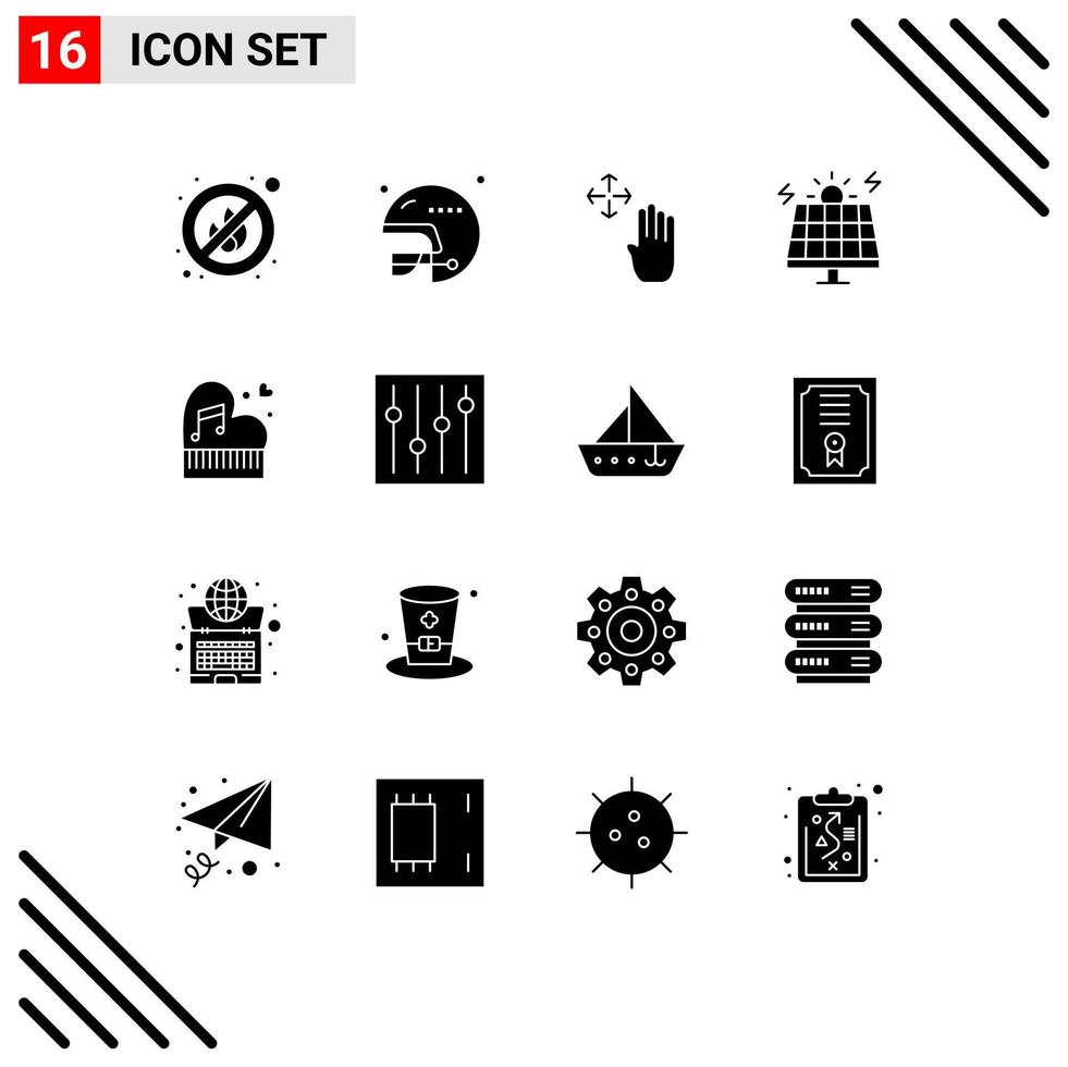 Mobile Interface Solid Glyph Set of 16 Pictograms of marriage classic hand cursor solar environment Editable Vector Design Elements