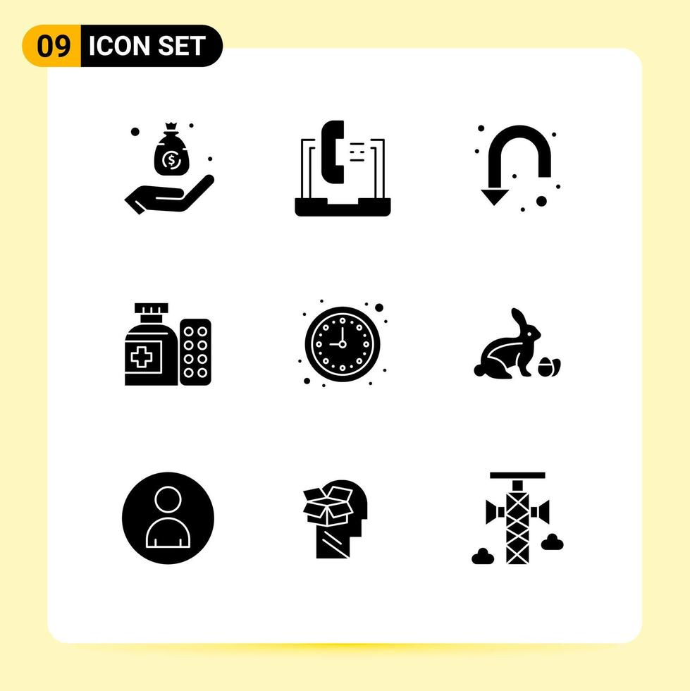 Editable Vector Line Pack of 9 Simple Solid Glyphs of hospital medicine laptop medical u turn Editable Vector Design Elements