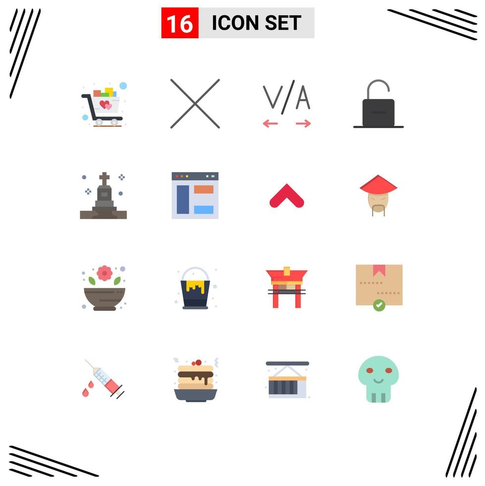 16 Flat Color concept for Websites Mobile and Apps browser grave lock funeral unlock Editable Pack of Creative Vector Design Elements