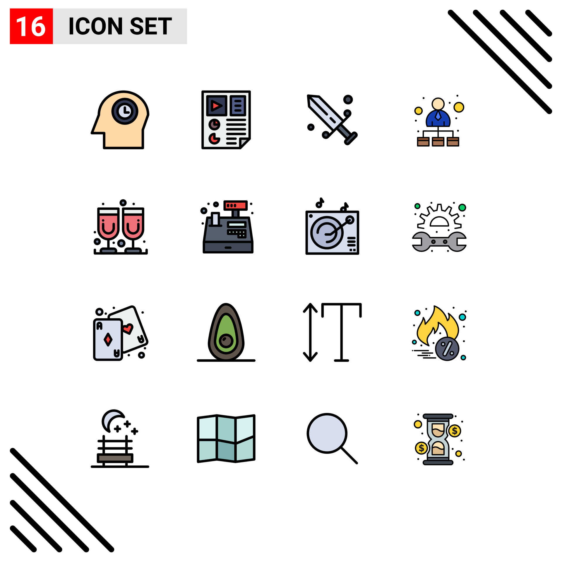 16 User Interface Flat Color Filled Line Pack of modern Signs and