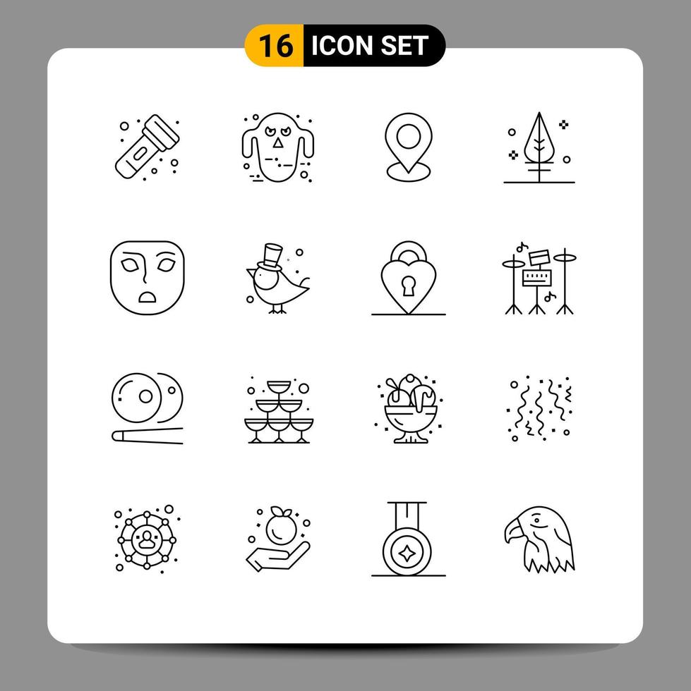 Editable Vector Line Pack of 16 Simple Outlines of face angry location giving feather Editable Vector Design Elements