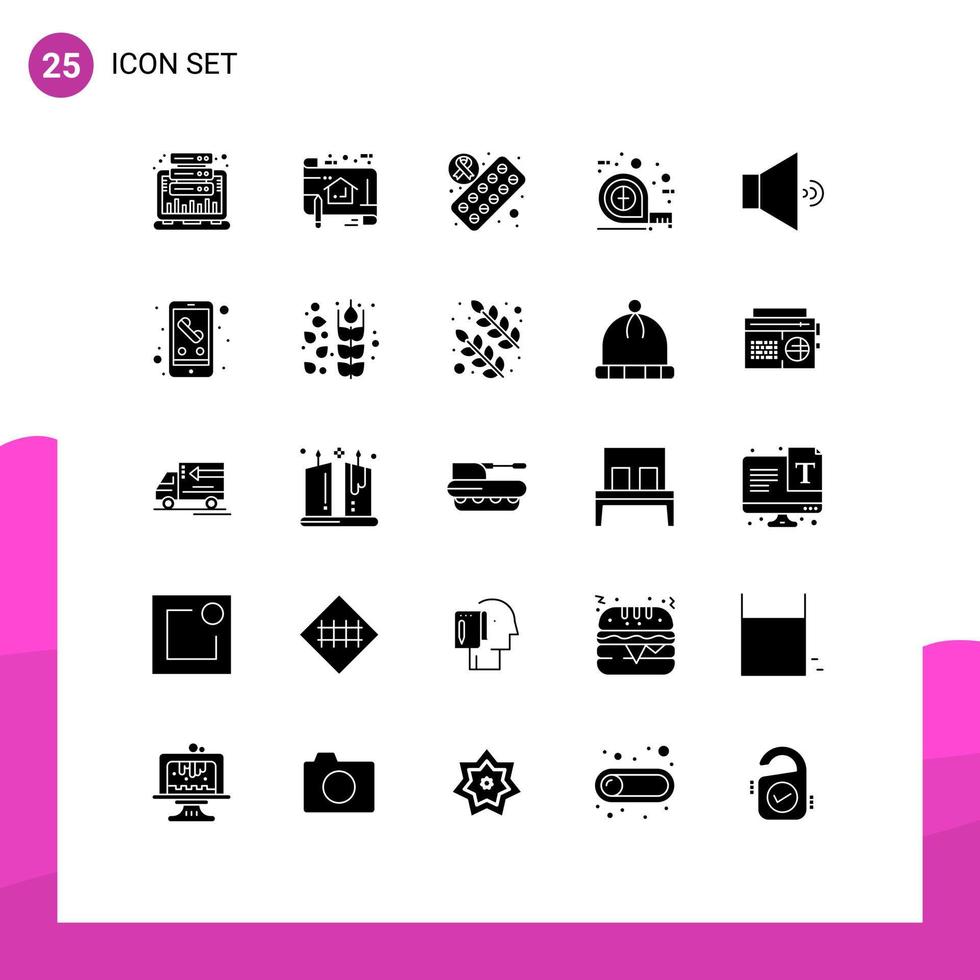 Group of 25 Modern Solid Glyphs Set for sound tool plan tape pills Editable Vector Design Elements