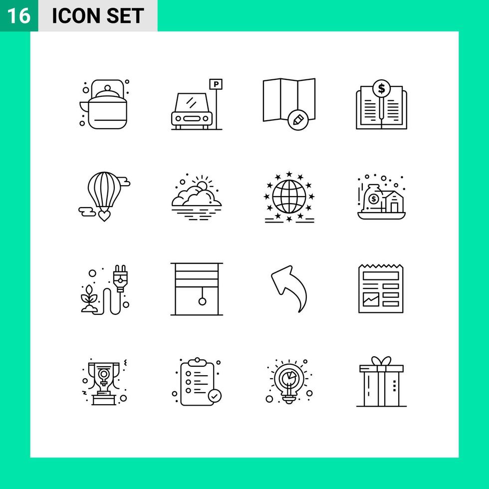 16 Outline concept for Websites Mobile and Apps hot baloon m flying heart area investment book value Editable Vector Design Elements