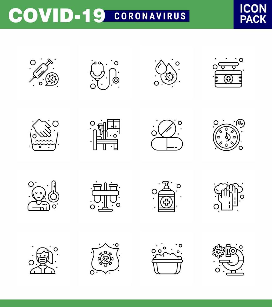 paquete de iconos de coronavirus covid19 de 16 líneas, como manos, sangre médica, plaquetas de hospital, coronavirus viral 2019nov, elementos de diseño de vectores de enfermedad