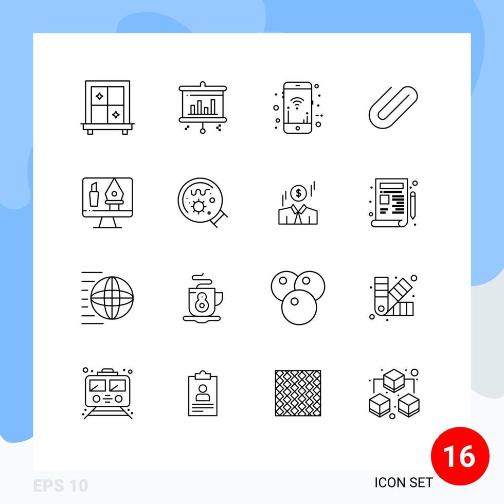 User Interface Pack of 16 Basic Outlines of germs crop wifi editing paper Editable Vector Design Elements
