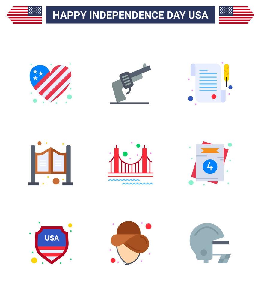 Pack of 9 USA Independence Day Celebration Flats Signs and 4th July Symbols such as golden bridge paper western household Editable USA Day Vector Design Elements