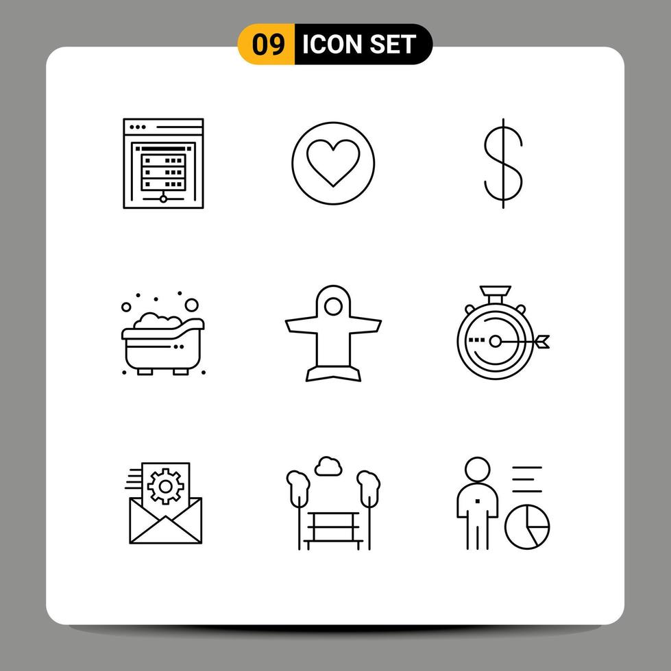 Mobile Interface Outline Set of 9 Pictograms of transport plane dollar kid bath Editable Vector Design Elements