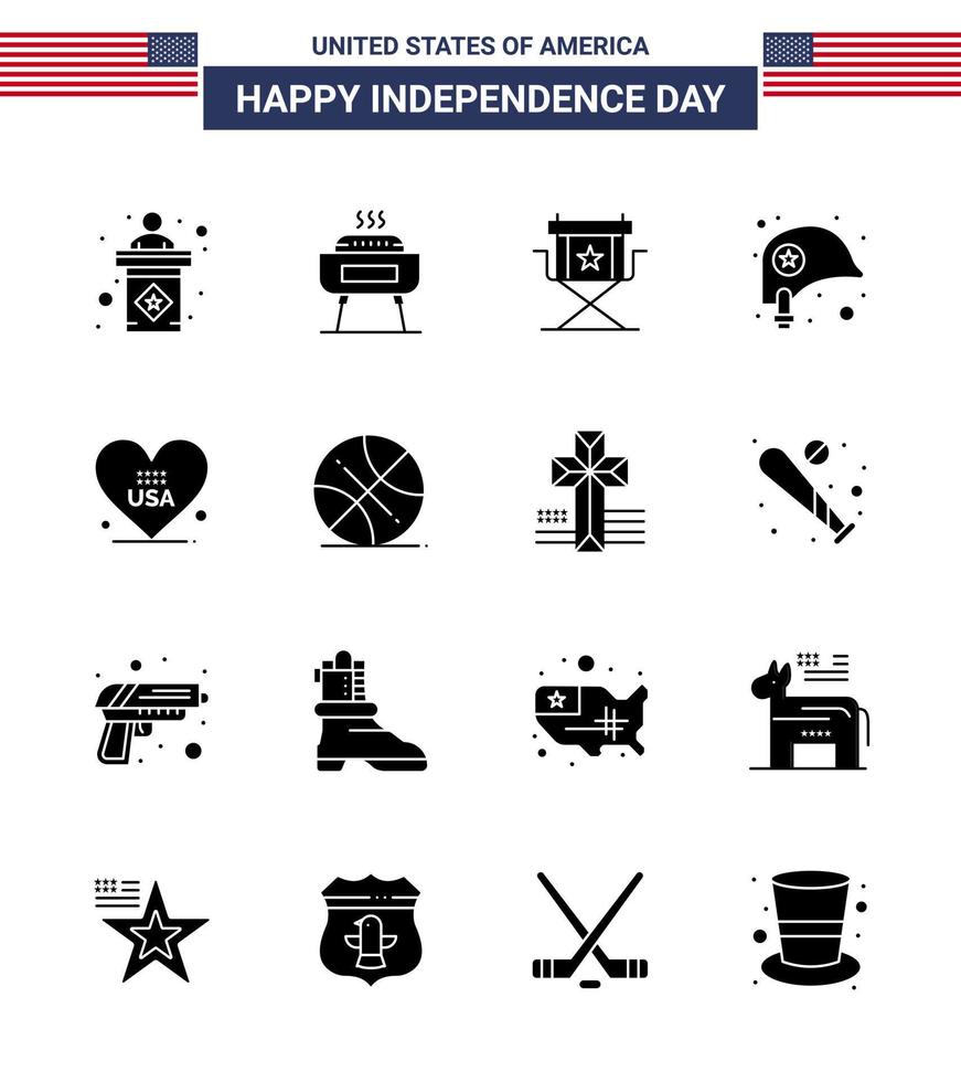 16 USA Solid Glyph Signs Independence Day Celebration Symbols of heart protection chair helmet television Editable USA Day Vector Design Elements