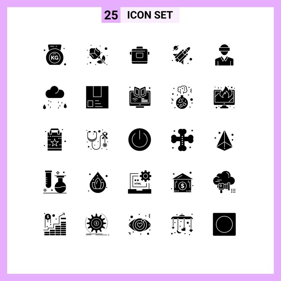 Pack of 25 Modern Solid Glyphs Signs and Symbols for Web Print Media such as technology motion kitchen glasses missile Editable Vector Design Elements
