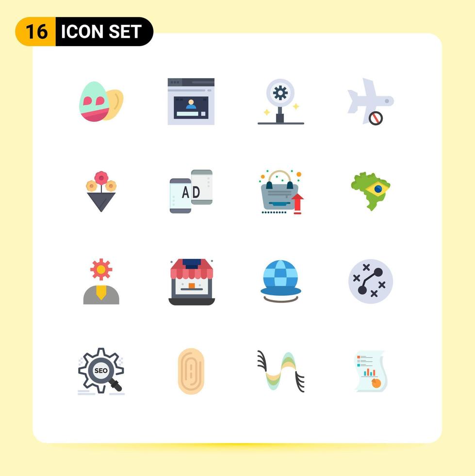 Pack of 16 Modern Flat Colors Signs and Symbols for Web Print Media such as flower transport search plane cancel Editable Pack of Creative Vector Design Elements