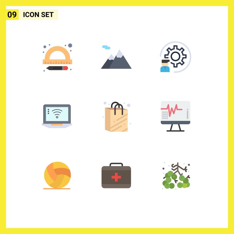 conjunto moderno de 9 colores planos y símbolos, como el desarrollo de bolsas de supermercado, elementos de diseño vectorial editables por computadora wifi vector
