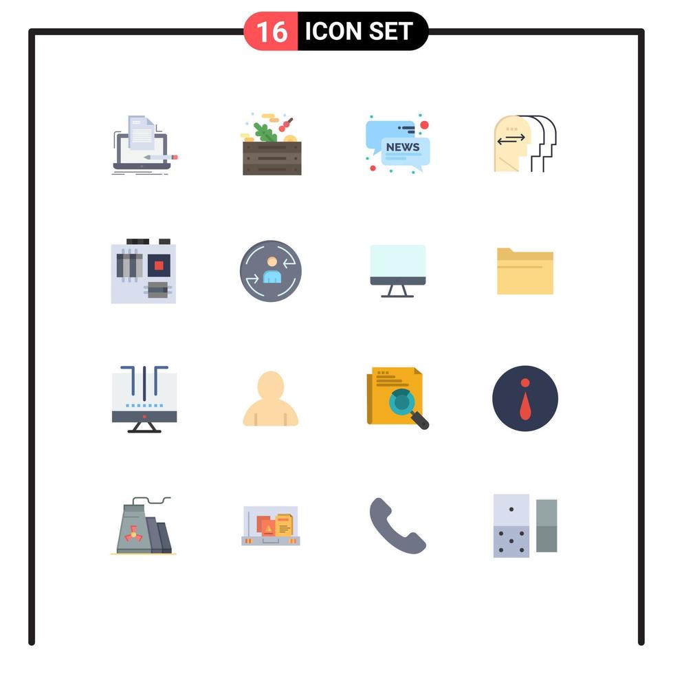 Flat Color Pack of 16 Universal Symbols of computer mind food charactore news Editable Pack of Creative Vector Design Elements