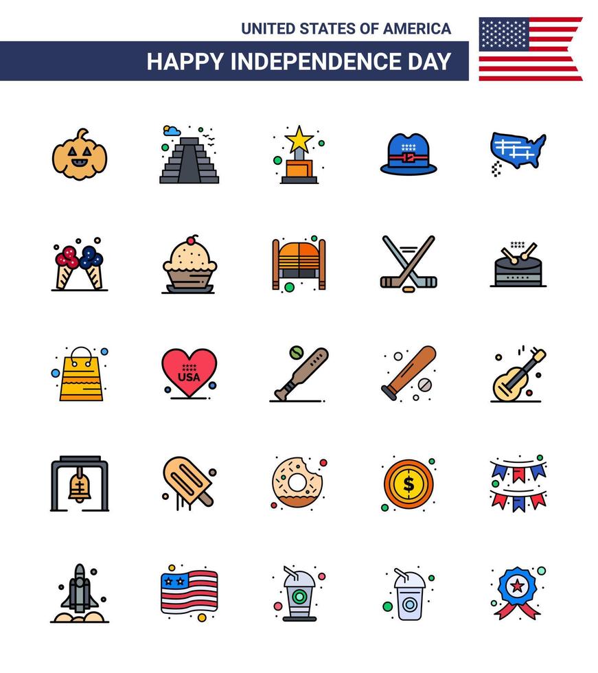 Happy Independence Day Pack of 25 Flat Filled Lines Signs and Symbols for icecream united award states american Editable USA Day Vector Design Elements