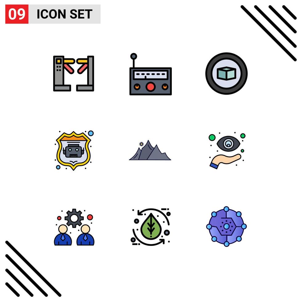 9 Thematic Vector Filledline Flat Colors and Editable Symbols of mountain landscape basic hill robot database Editable Vector Design Elements