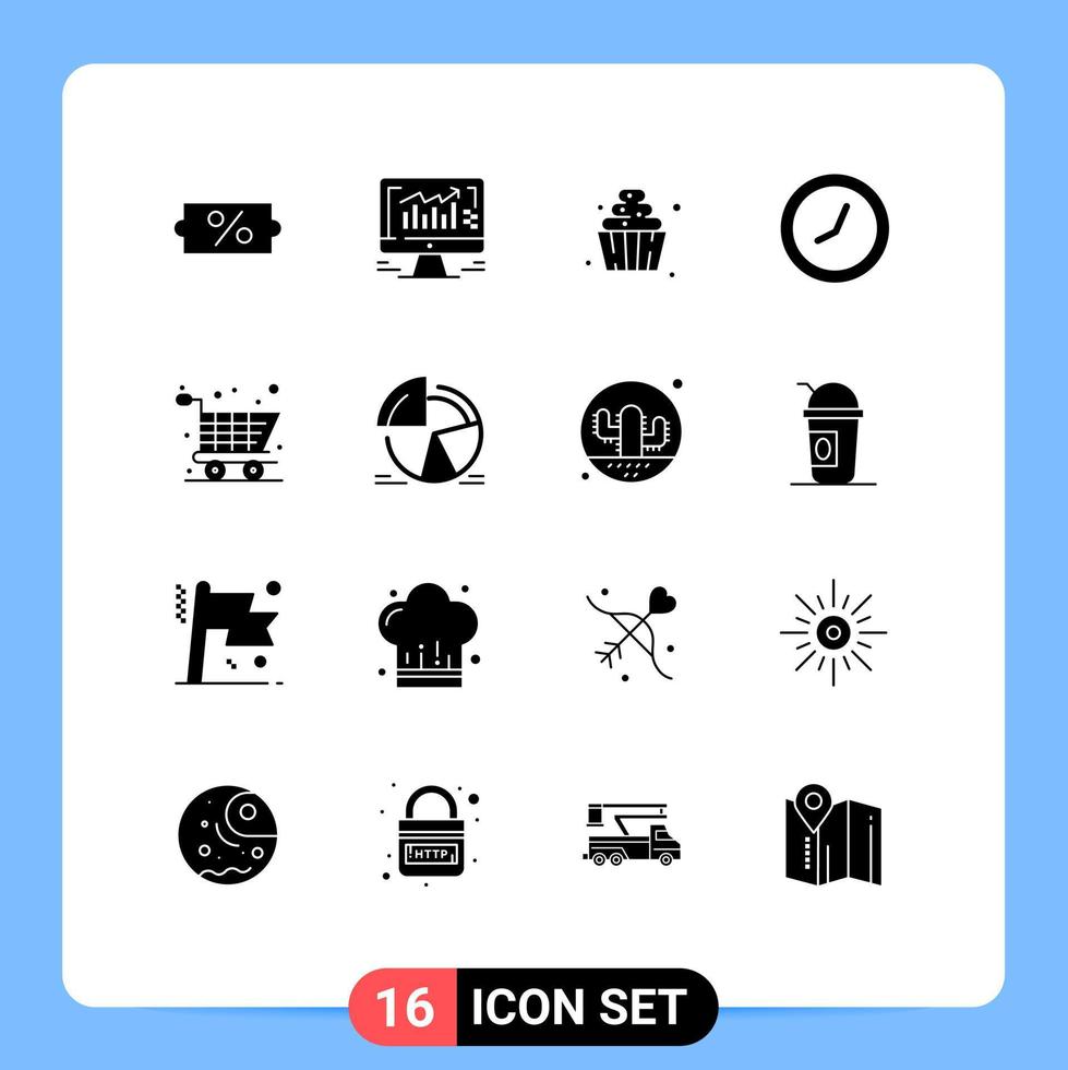 16 Universal Solid Glyphs Set for Web and Mobile Applications chart online shopping food cart time Editable Vector Design Elements