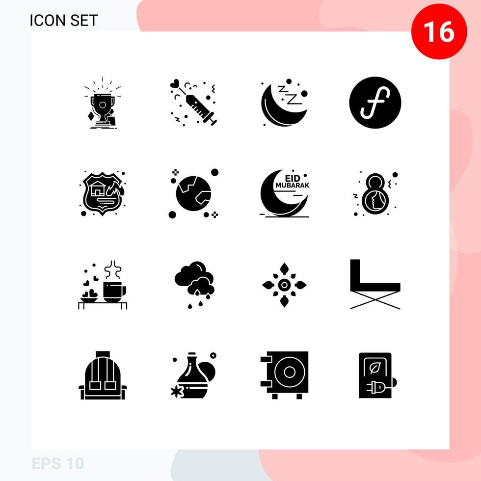 Set of 16 Vector Solid Glyphs on Grid for firewall bank love aruba moon Editable Vector Design Elements
