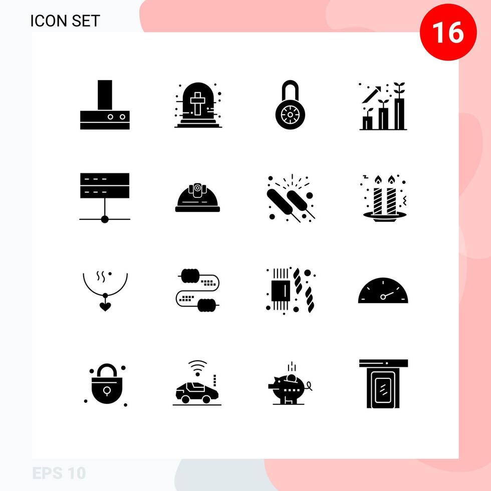 Mobile Interface Solid Glyph Set of 16 Pictograms of server data padlock admin growth Editable Vector Design Elements