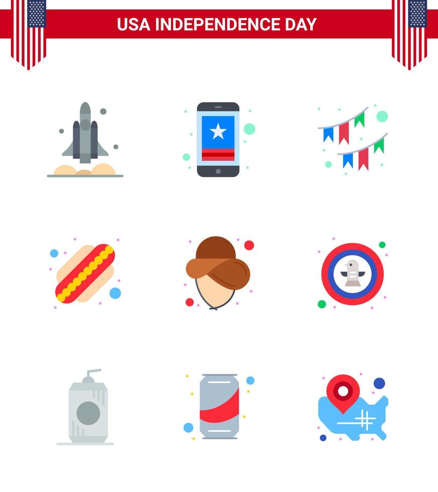 feliz día de la independencia paquete de iconos de 9 pisos para web y estados de impresión decoración de guirnalda móvil estadounidense elementos de diseño de vector de día de estados unidos editables