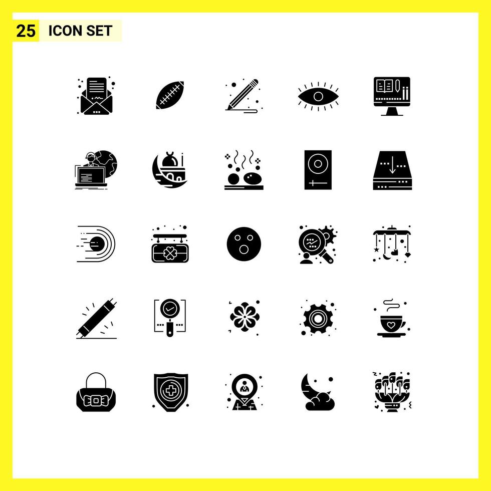 Modern Set of 25 Solid Glyphs Pictograph of monitor watch rugby ball eyes school supplies Editable Vector Design Elements