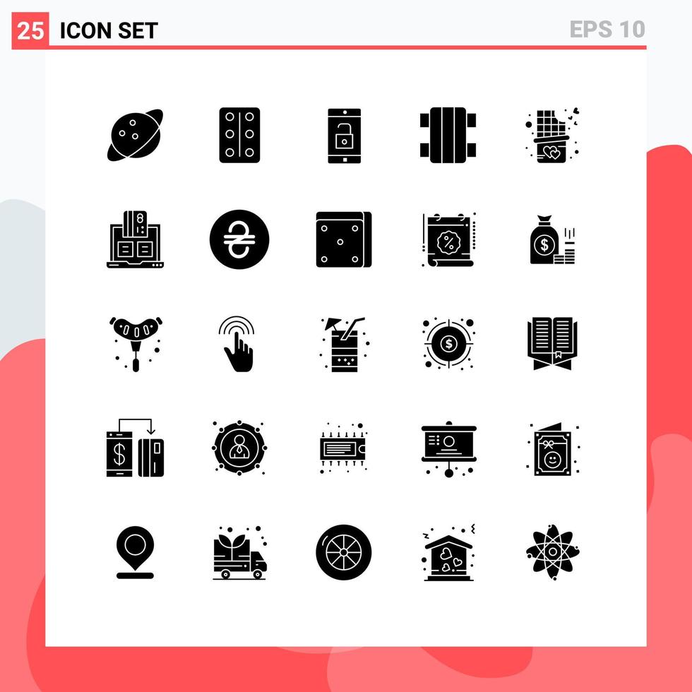 25 Solid Glyph concept for Websites Mobile and Apps banking dessert mobile application chocolate bar bite skateboard Editable Vector Design Elements