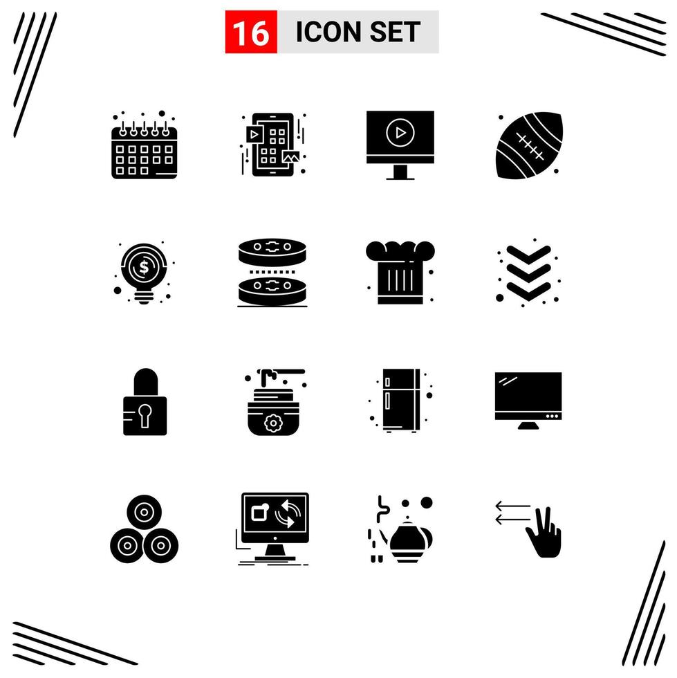 User Interface Pack of 16 Basic Solid Glyphs of money business player bulb rugby Editable Vector Design Elements