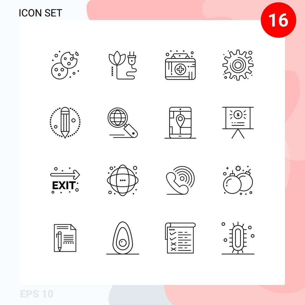 16 Universal Outlines Set for Web and Mobile Applications process tool first aid kit settings cog Editable Vector Design Elements