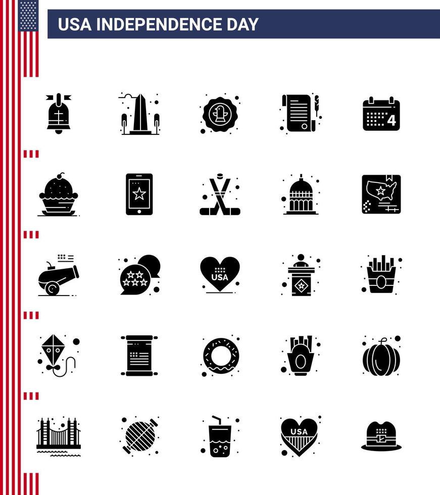 feliz día de la independencia paquete de ee.uu. de 25 glifos sólidos creativos de recibo de calendario águila de papel de washington elementos de diseño vectorial editables del día de ee.uu. vector