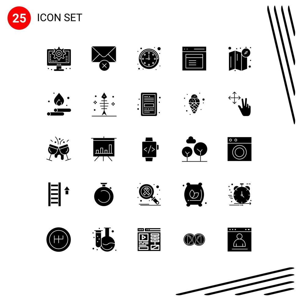 Editable Vector Line Pack of 25 Simple Solid Glyphs of map compass time window modal Editable Vector Design Elements