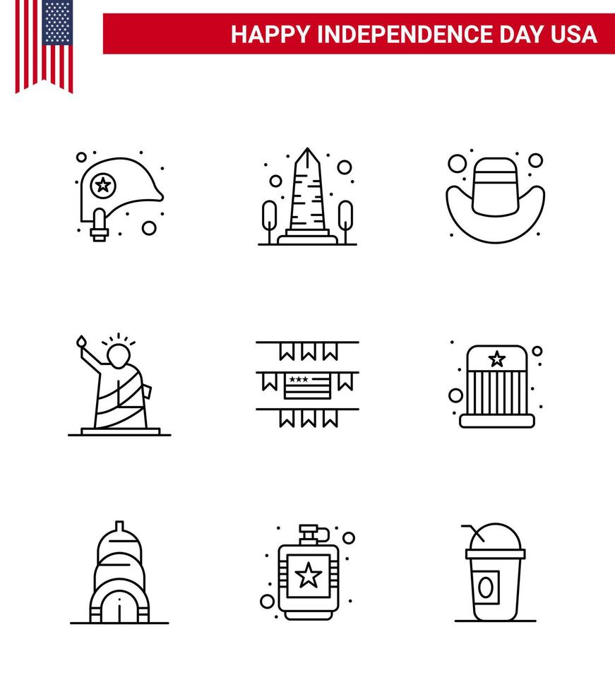 Pack of 9 USA Independence Day Celebration Lines Signs and 4th July Symbols such as buntings statue washington of landmarks Editable USA Day Vector Design Elements