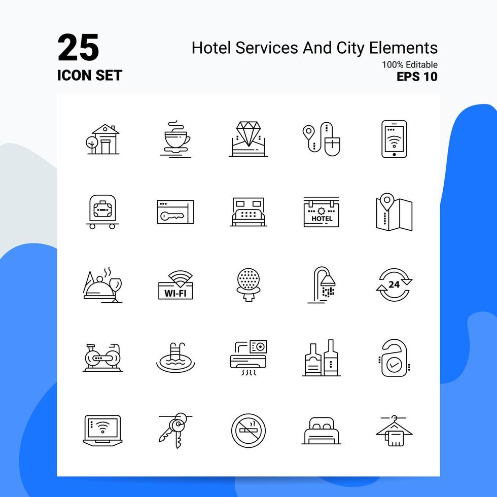 25 servicios de hotel y conjunto de iconos de elementos de la ciudad 100 archivos eps 10 editables concepto de logotipo de empresa ideas diseño de icono de línea vector