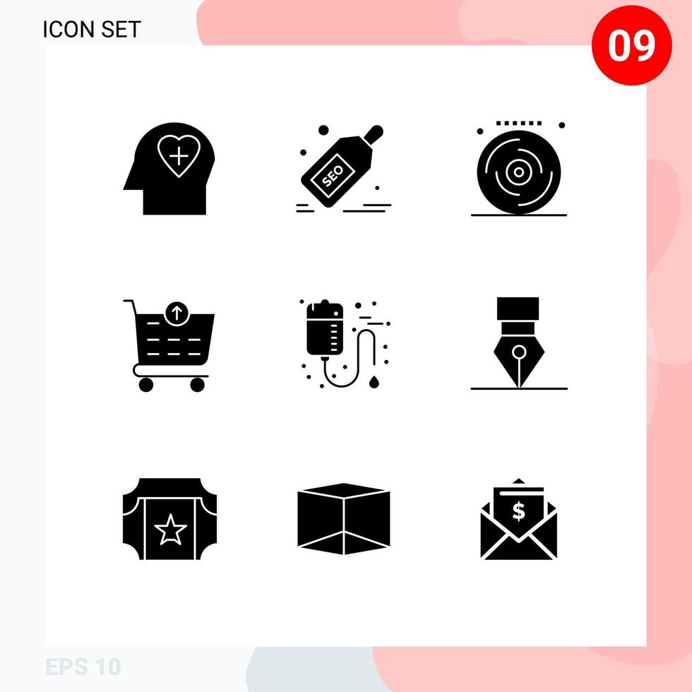Group of 9 Modern Solid Glyphs Set for medical bag birthday shopping cart checkout Editable Vector Design Elements