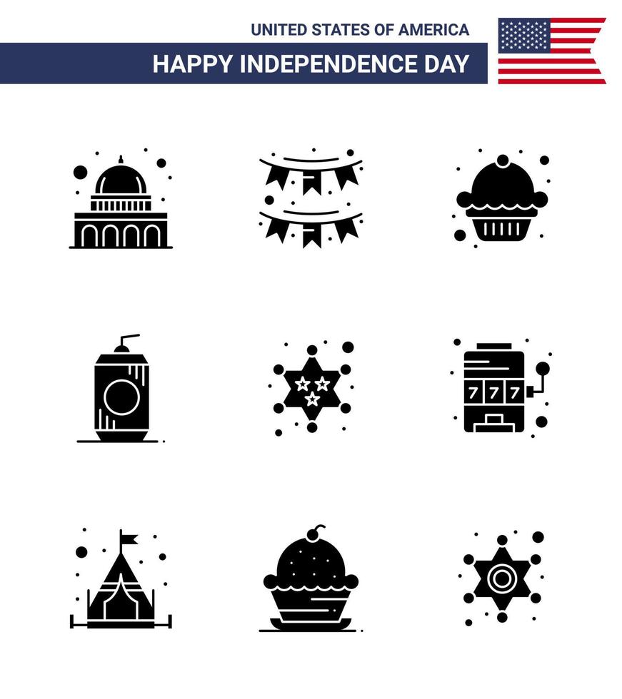 Modern Set of 9 Solid Glyphs and symbols on USA Independence Day such as military usa garland drink bottle Editable USA Day Vector Design Elements