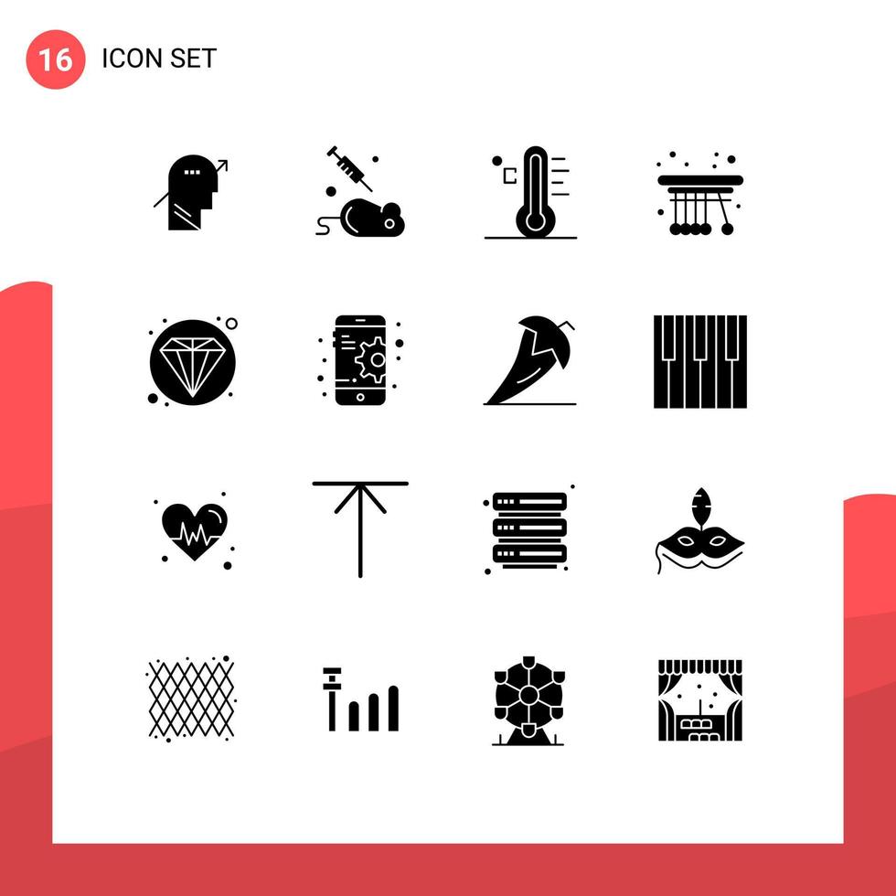 16 User Interface Solid Glyph Pack of modern Signs and Symbols of school pendulum science movement sun Editable Vector Design Elements