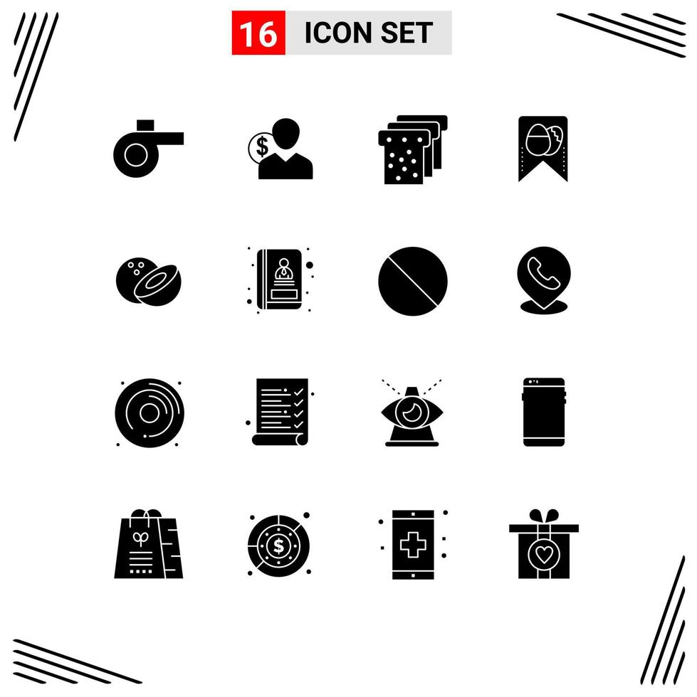 Group of 16 Modern Solid Glyphs Set for address coconut person egg tag Editable Vector Design Elements