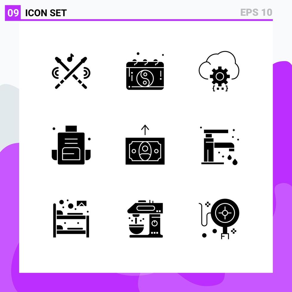 Pack of 9 creative Solid Glyphs of school bag bag cloud backpacking process Editable Vector Design Elements