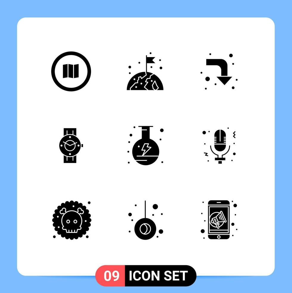 Universal Icon Symbols Group of 9 Modern Solid Glyphs of electricity phone flag time watch Editable Vector Design Elements