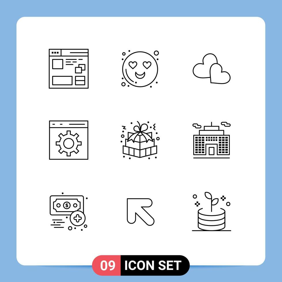 Pack of 9 Modern Outlines Signs and Symbols for Web Print Media such as easter gift programming heart development coding Editable Vector Design Elements