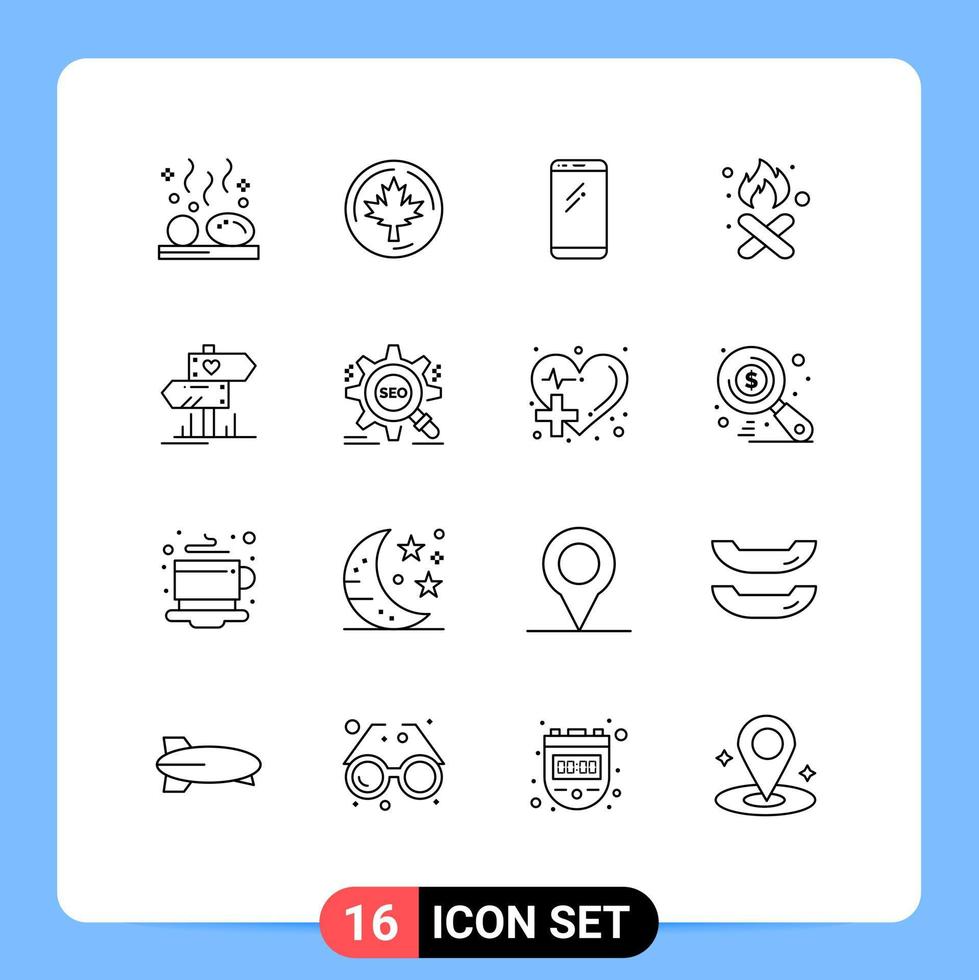 Modern Set of 16 Outlines and symbols such as pollution fire maple burn android Editable Vector Design Elements