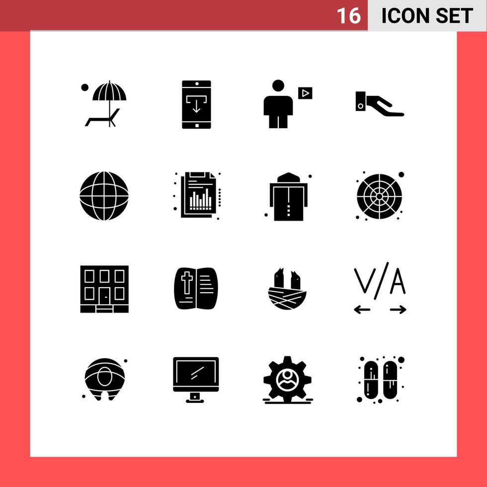User Interface Pack of 16 Basic Solid Glyphs of share alms mobile video human Editable Vector Design Elements