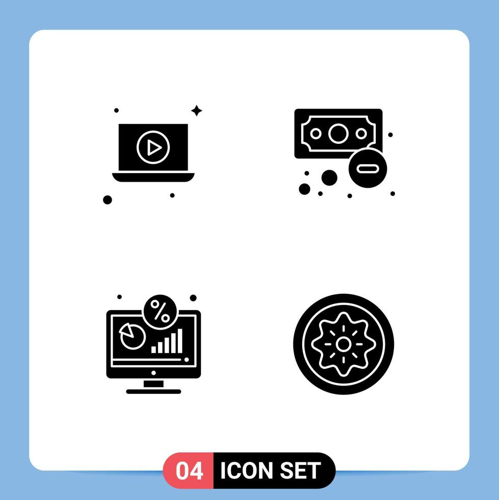 Set of 4 Commercial Solid Glyphs pack for laptop monitor business outcome screen Editable Vector Design Elements