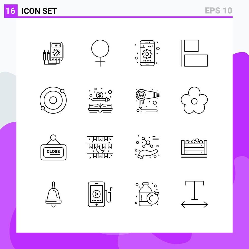 Modern Set of 16 Outlines and symbols such as structure atom gear left align Editable Vector Design Elements