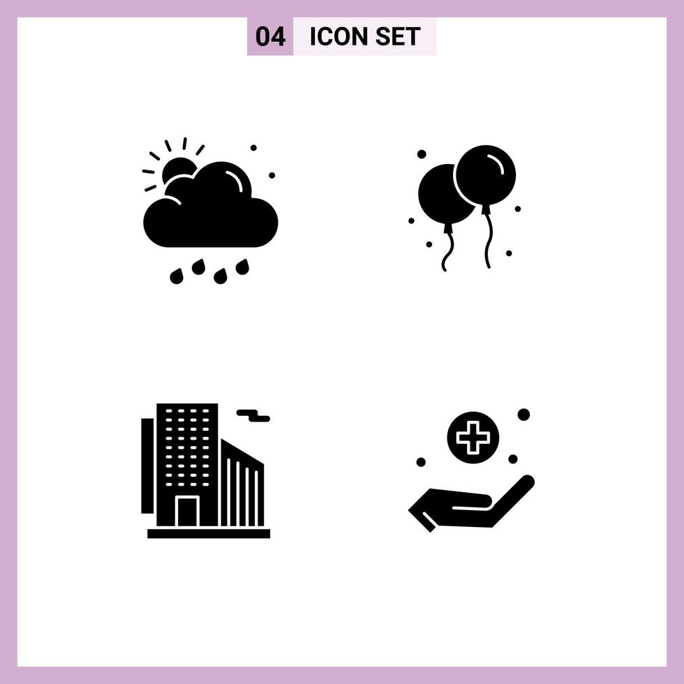 paquete de 4 signos y símbolos modernos de glifos sólidos para medios de impresión web, como elementos de diseño de vectores editables para el cuidado de manos de rascacielos en la nube sol irlanda