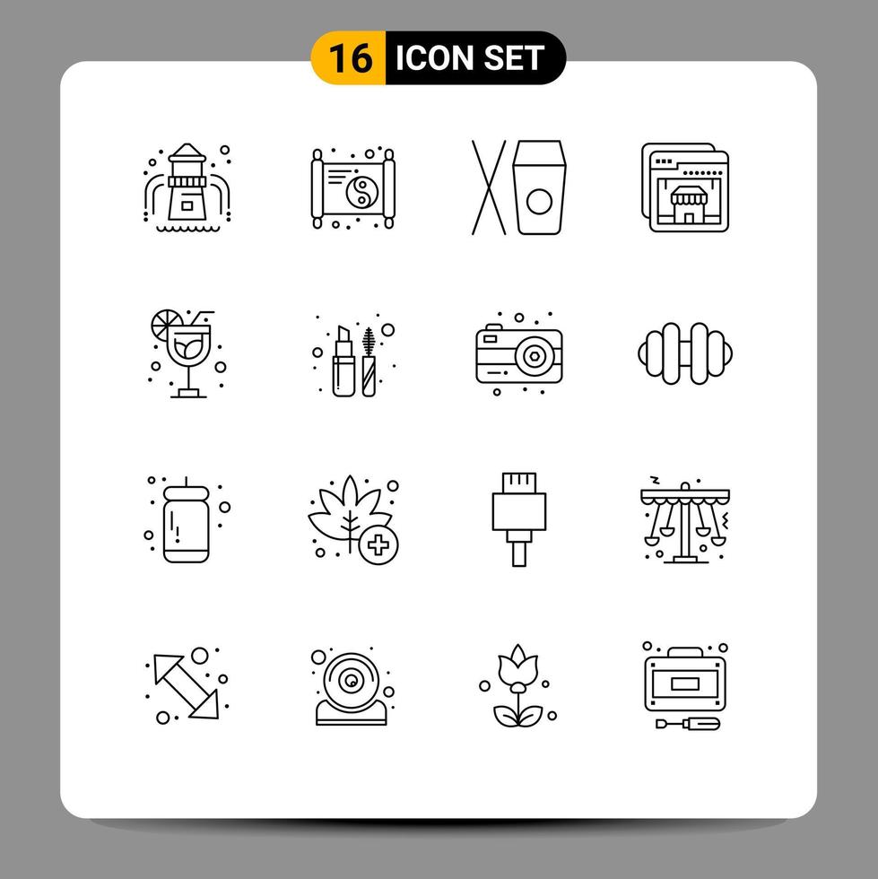 Mobile Interface Outline Set of 16 Pictograms of lips stick holiday chinese drink shop Editable Vector Design Elements