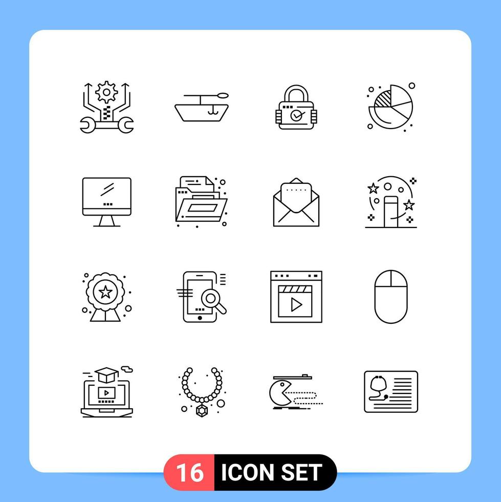 Universal Icon Symbols Group of 16 Modern Outlines of pc device secure monitor pie Editable Vector Design Elements