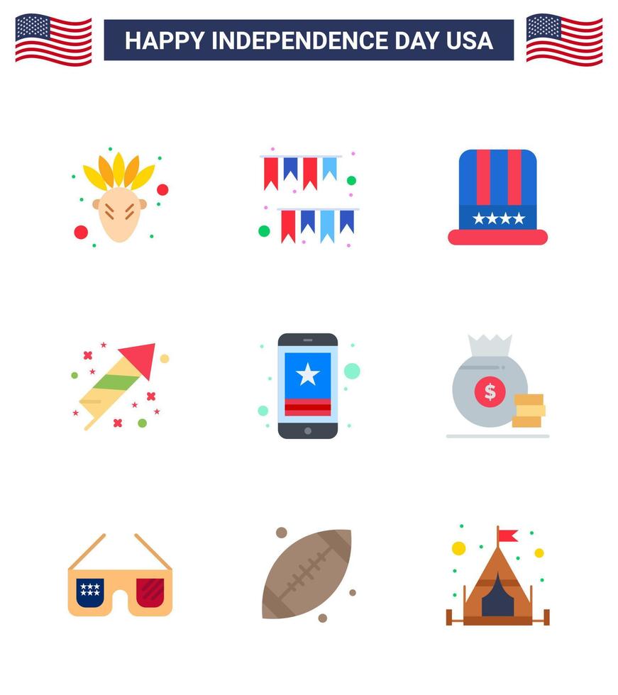 Big Pack of 9 USA Happy Independence Day USA Vector Flats and Editable Symbols of star holiday hat fireworks celebration Editable USA Day Vector Design Elements