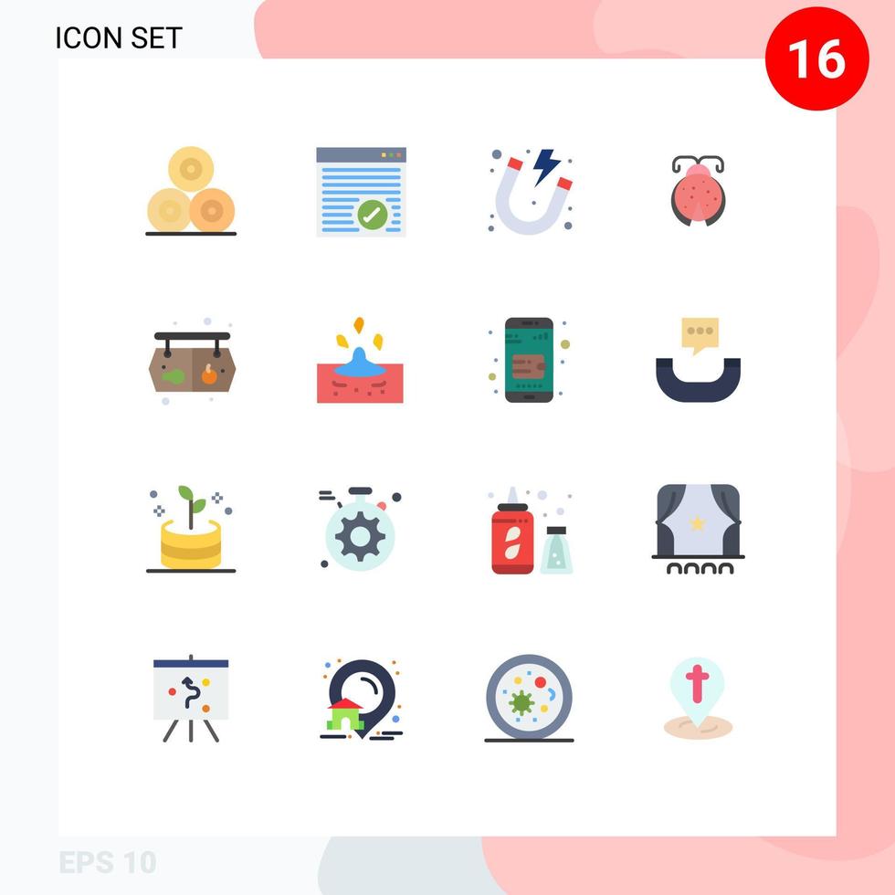16 User Interface Flat Color Pack of modern Signs and Symbols of supermarket ladybug electricity ladybird beetle Editable Pack of Creative Vector Design Elements