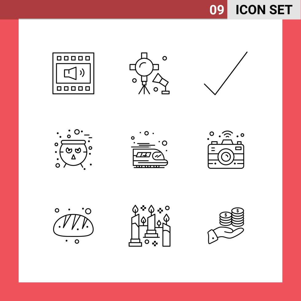 Group of 9 Outlines Signs and Symbols for public halloween studio lightning cauldron tick Editable Vector Design Elements
