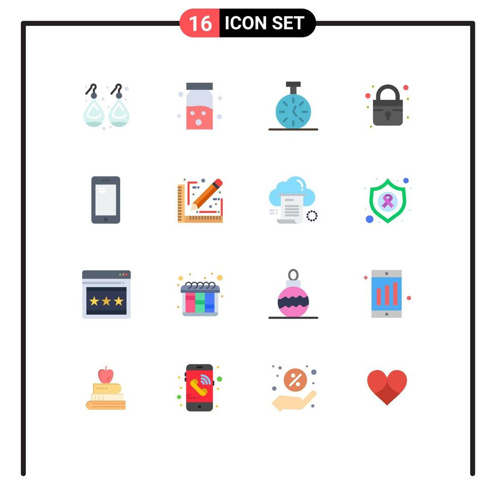 16 Universal Flat Color Signs Symbols of mobile phone stopwatch secure closed Editable Pack of Creative Vector Design Elements
