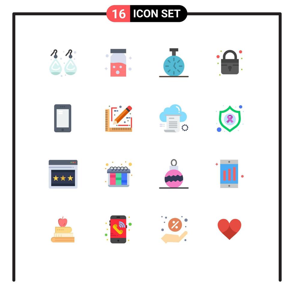 16 símbolos universales de signos de color plano de cronómetro de teléfono móvil paquete editable cerrado seguro de elementos creativos de diseño de vectores